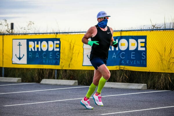Ocean State Rhode Races Gaiter worn by a runner